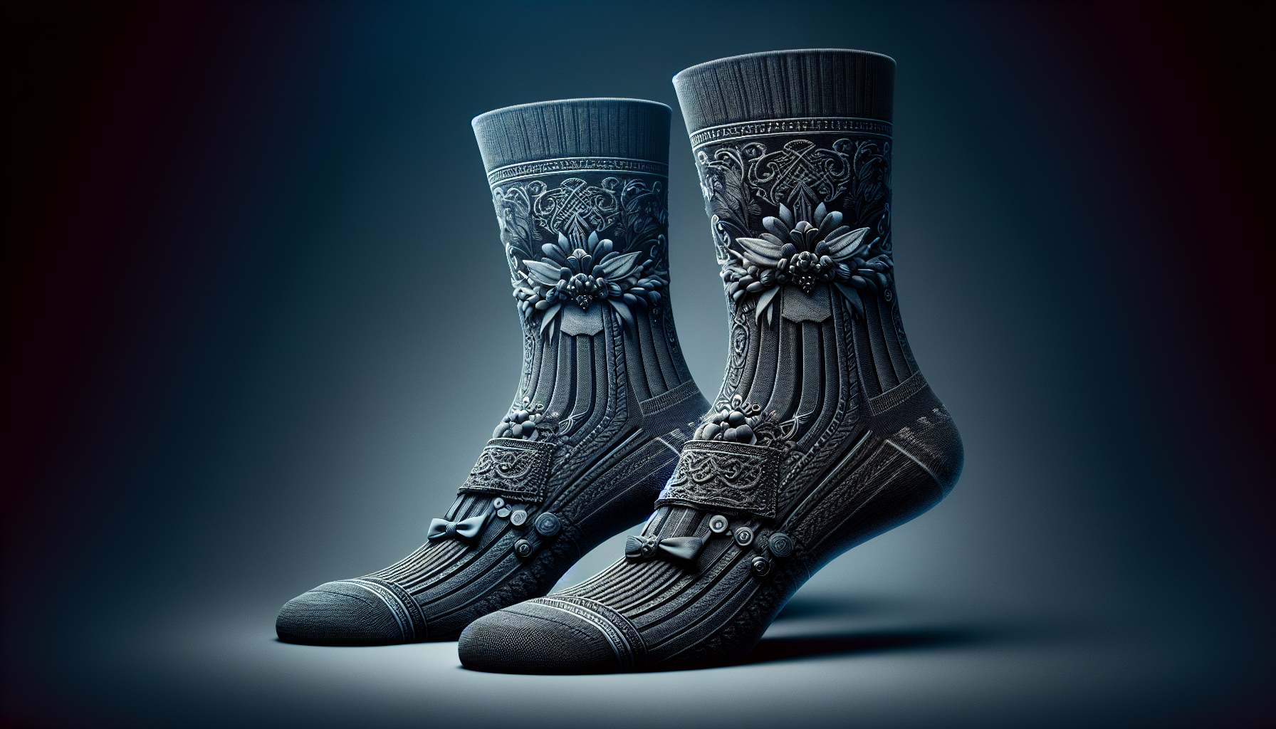A close-up photo of a pair of stylish wedding socks with intricate and celebratory designs.