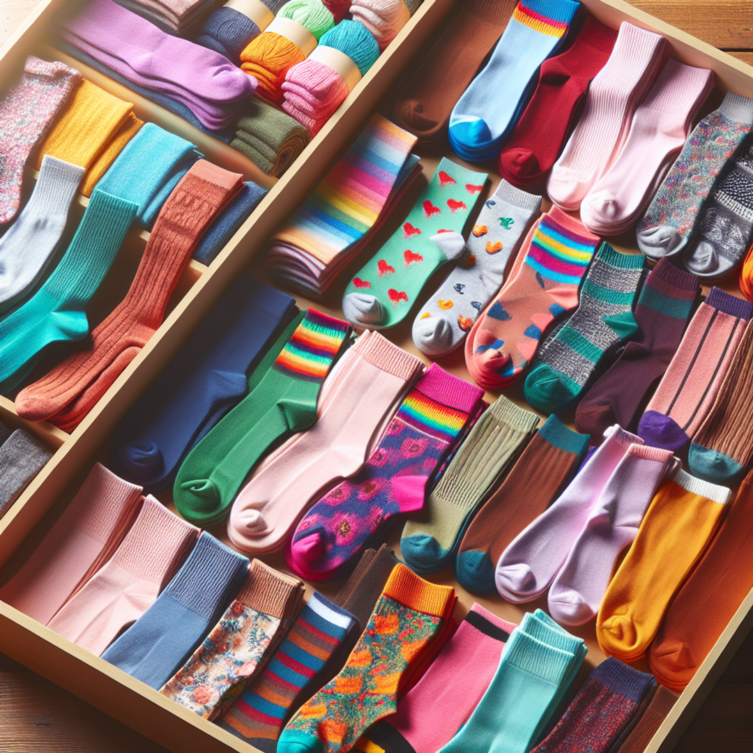 A neatly organized drawer filled with colorful and patterned women's socks in various styles and lengths.