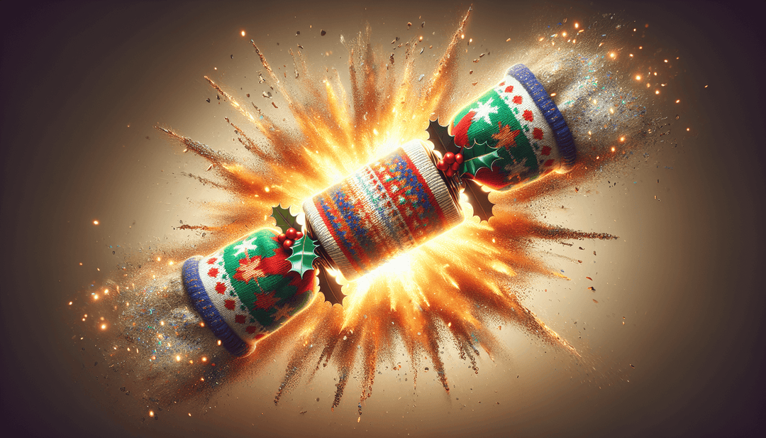 A festive Christmas cracker bursting open to reveal cozy, colorful socks.