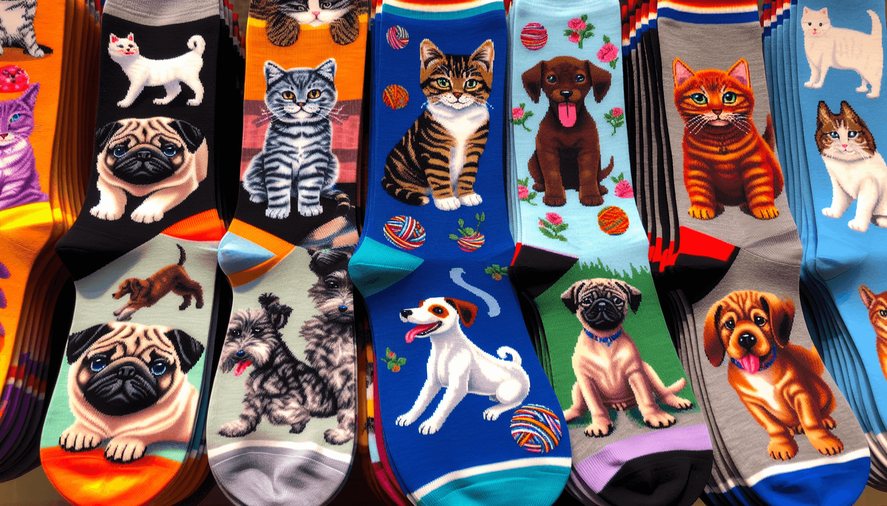 Colorful socks with playful cat and dog designs.