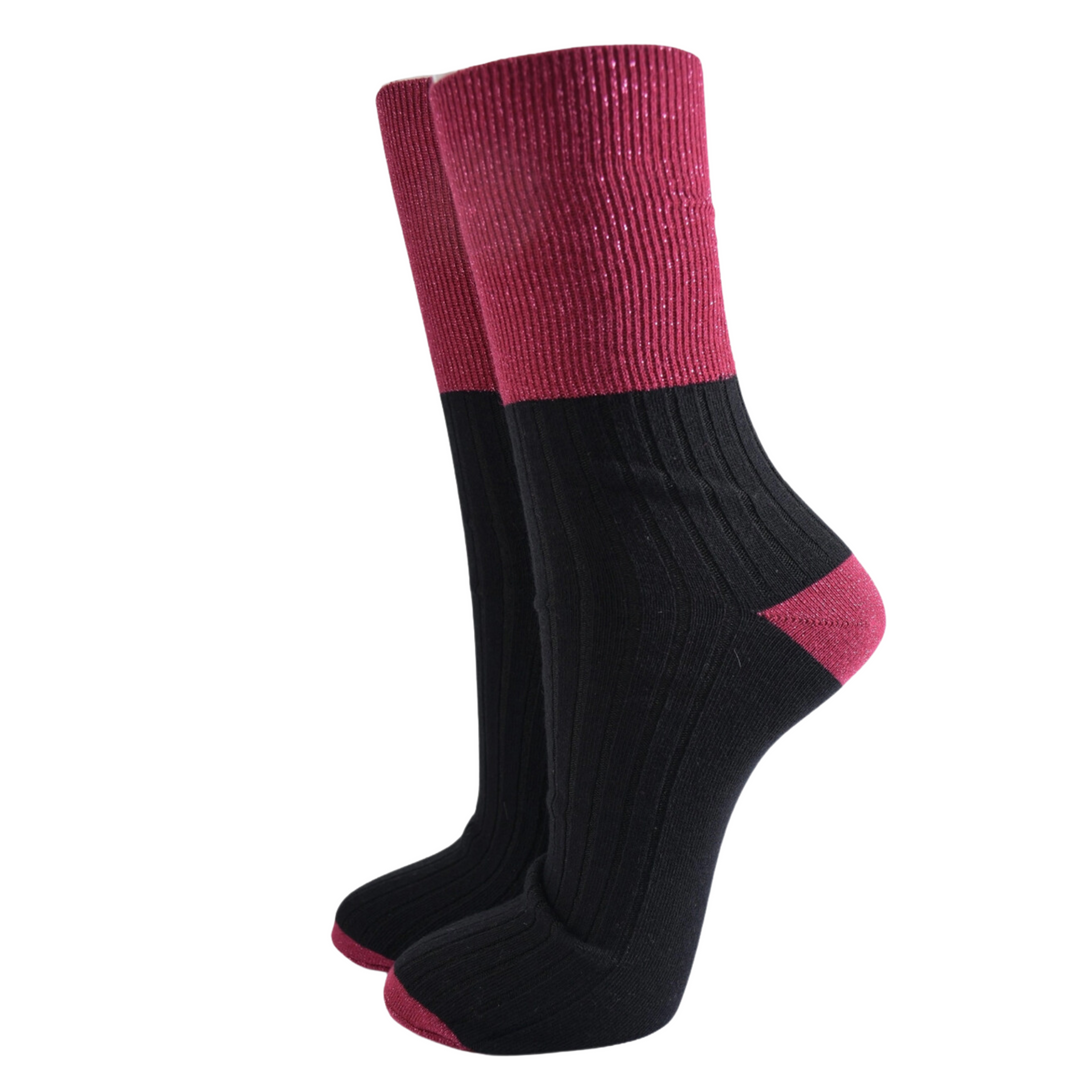 berry glitter socks | women's folding cuff socks | two-tone glitter socks | black and berry socks