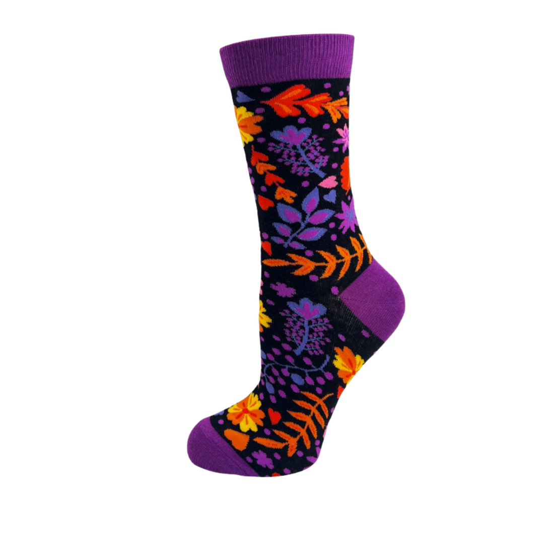 Women's socks | Autumn floral | Black background | Purple accents | Orange flowers | Yellow flowers | Sock Shop