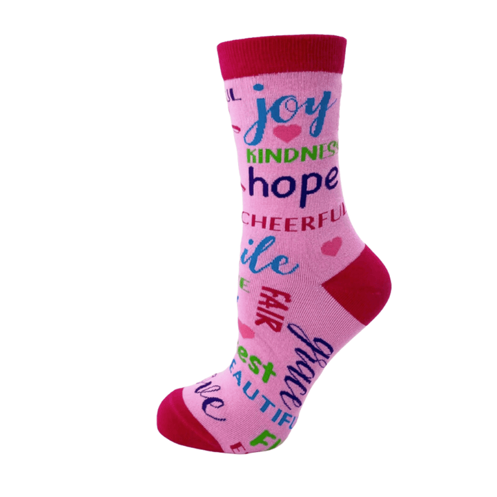 Positivity socks | Pink background | Joyful socks  |  Happy Socks | Beautiful | Empowered | Love | Kindness | Fair | Bold