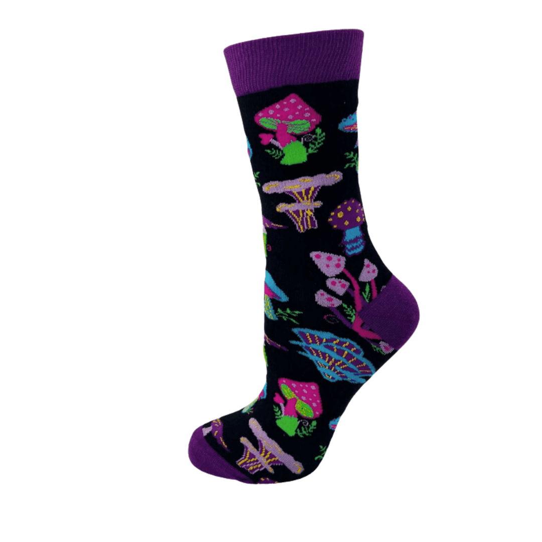 Trippy mushrooms socks | Women's novelty crew socks | Shades of purple | Shades of pink | Cute socks | Comfy socks