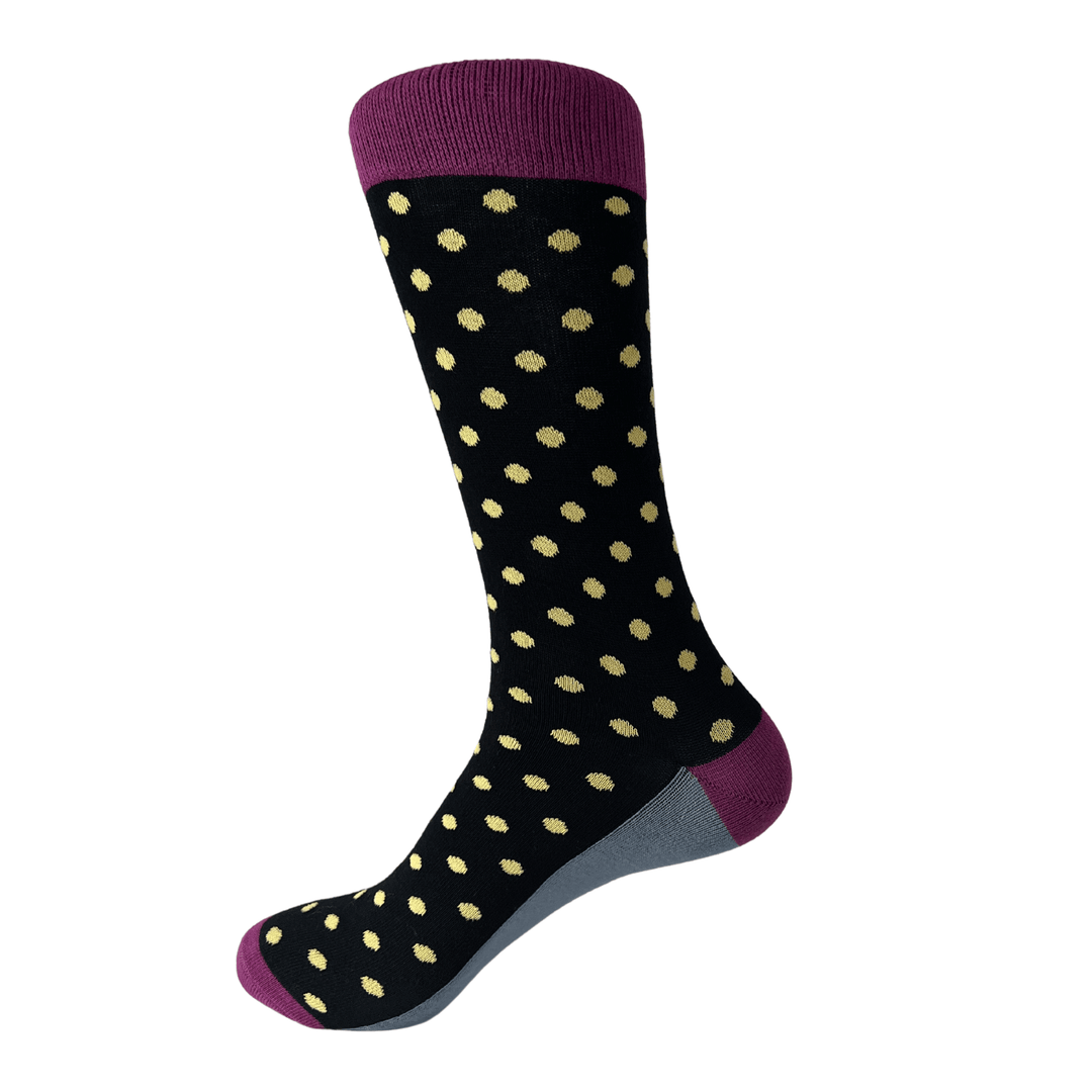 black socks | yellow polka dots | men's elegant socks | organic cotton | UK craftsmanship