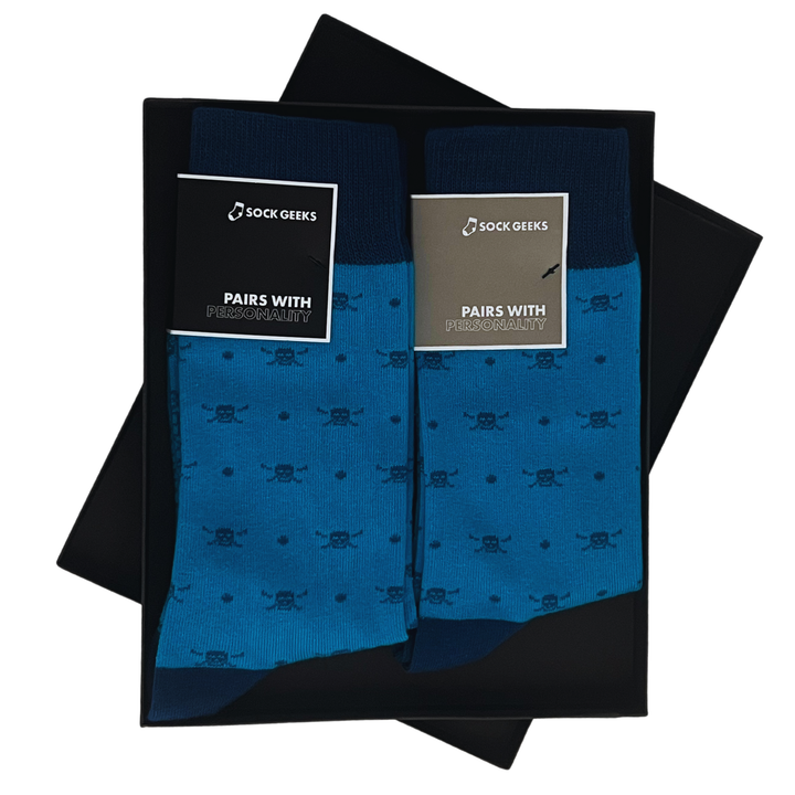 Blue Skull and Crossbones socks | high-quality cotton socks | Sock Geeks gift box | stylish socks | comfortable socks | durable socks | adventurous design socks | perfect Halloween socks | spooky socks | scary socks