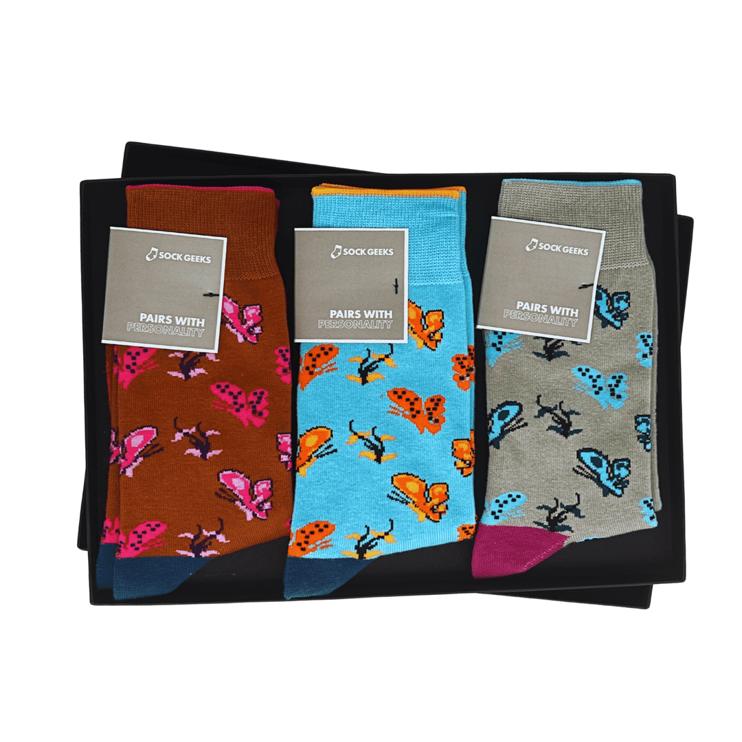 Butterfly Collection | Sock Geeks | elegant socks | stylish socks | cotton socks | butterfly patterns | black gift box | brown socks | blue socks | gray socks