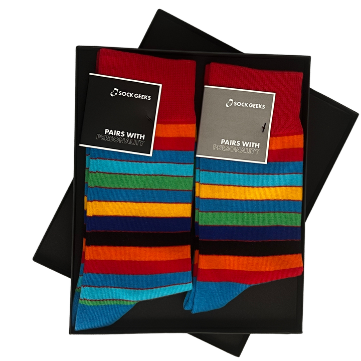 dynamic stripe socks | bold color socks | energetic fashion | Sock Geeks luxury box | high-quality cotton | joyful accessory | playful socks | vibrant design | statement socks | colourful gift socks