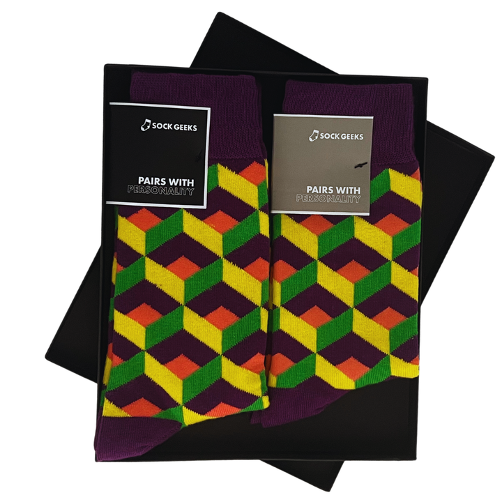 optical illusion socks | artistic patterns | creative fashion | Sock Geeks luxury box | personalized card | mesmerizing design | dynamic socks | bold geometric | unique gift socks | colourful accessories