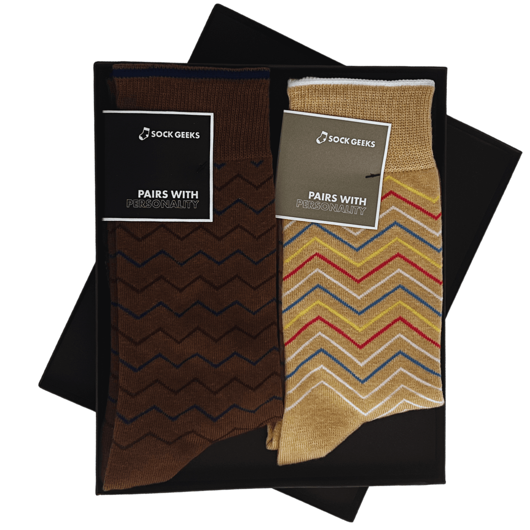 Earthy Echoes Collection | matching socks for couples | Brown Zigzag socks | Gold Zigzag socks | luxury gift box | Sock Geeks | elegant socks | playful socks | geometric design | personalized gift