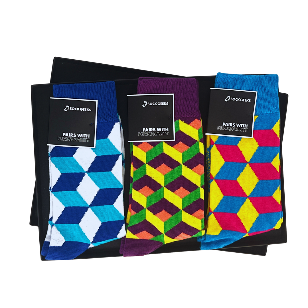 Tangram  | vibrant socks | bold stripes socks | cotton fiber socks | geometric pattern socks | luxury gift box socks | Tri packaging | men's fashion socks