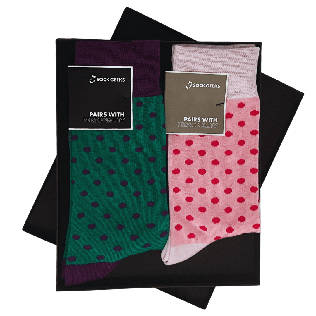 matching couple socks | pink polka dot socks | green polka dot socks | socks for him and her | high-quality cotton socks | playful socks