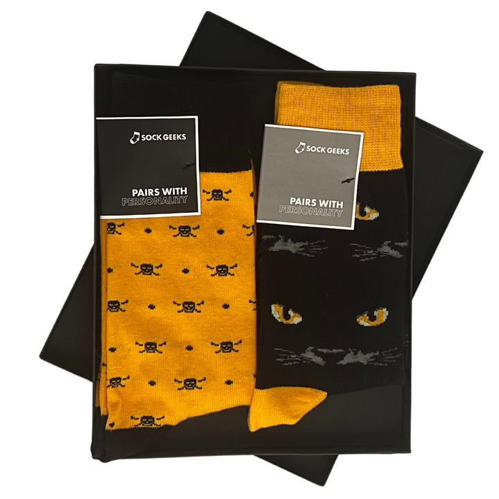 matching socks | couples socks | Skull and Feline socks | high-quality cotton socks | Sock Geeks gift box | stylish socks | Scary socks | Sock Geeks