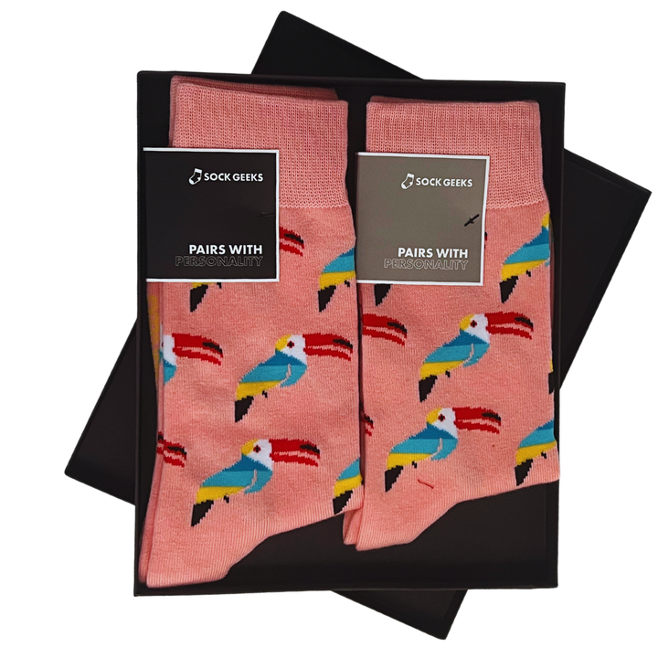 matching socks | couples socks | Tropical Toucans socks | high-quality cotton socks | Sock Geeks gift box | whimsical socks | Sock geeks