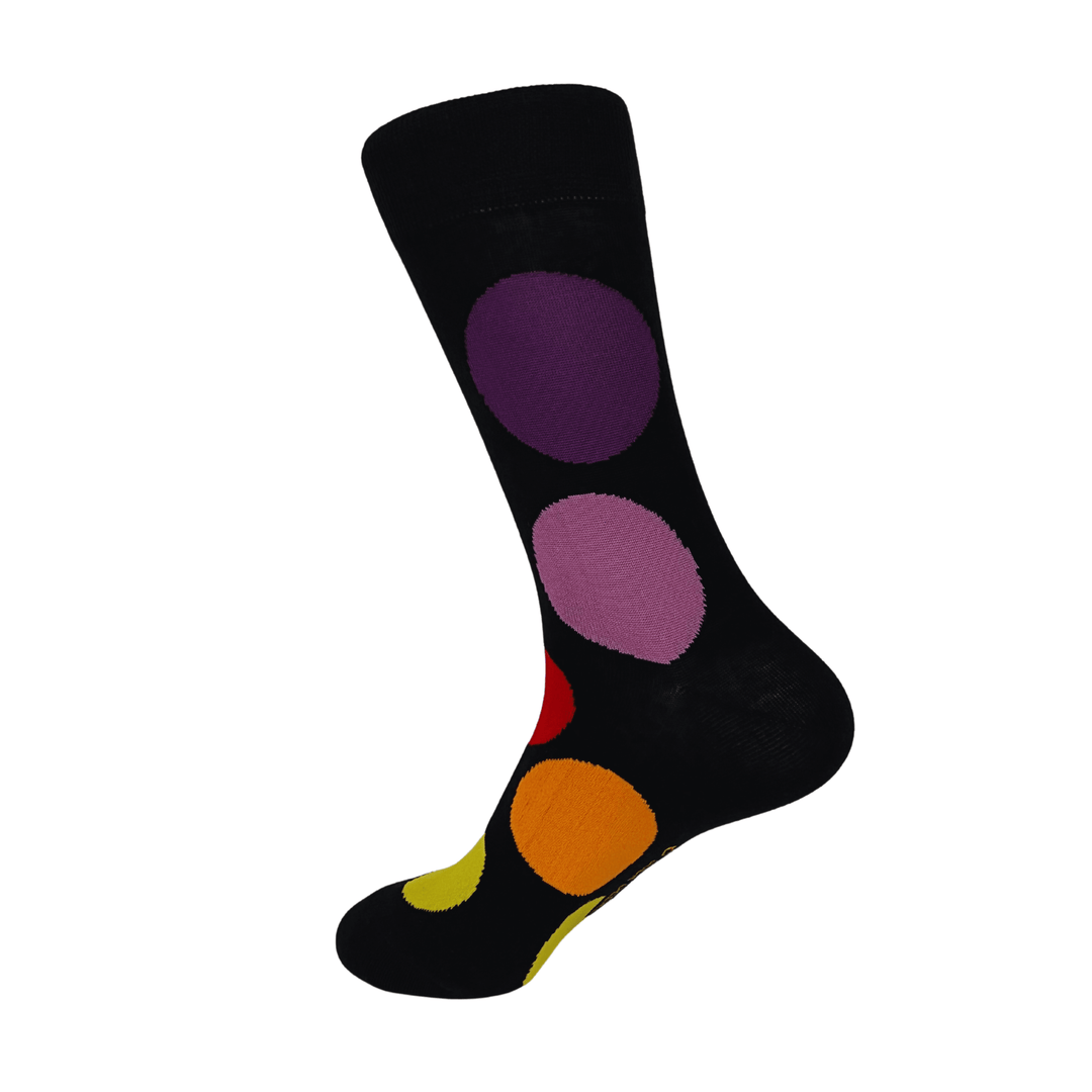  colorful circle patterns | bold colored socks | fashionable socks | eye-catching designs | comfortable statement socks | unique sock styles | trendy footwear | Sock Geeks