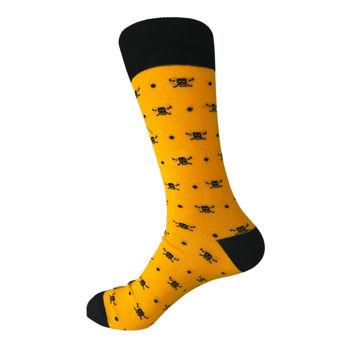 Yellow black skull socks | bold socks | Halloween gift socks | skull pattern socks | novelty men's socks | stylish socks | bright yellow socks | unique fashion | comfortable socks | quality men's socks 