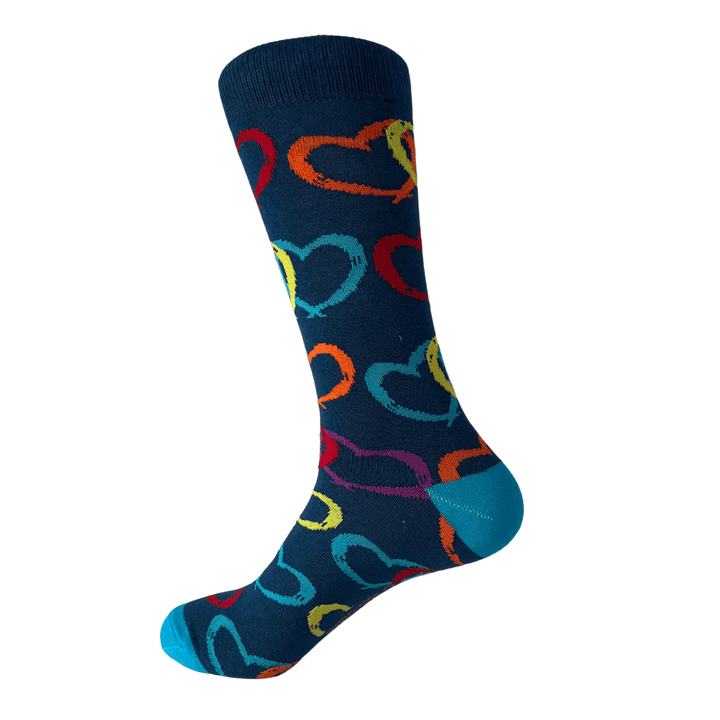 Navy blue socks | Vibrant hearts | Colorful pattern | Contrasting heel and toe | Fun socks | Casual wear | Formal wear