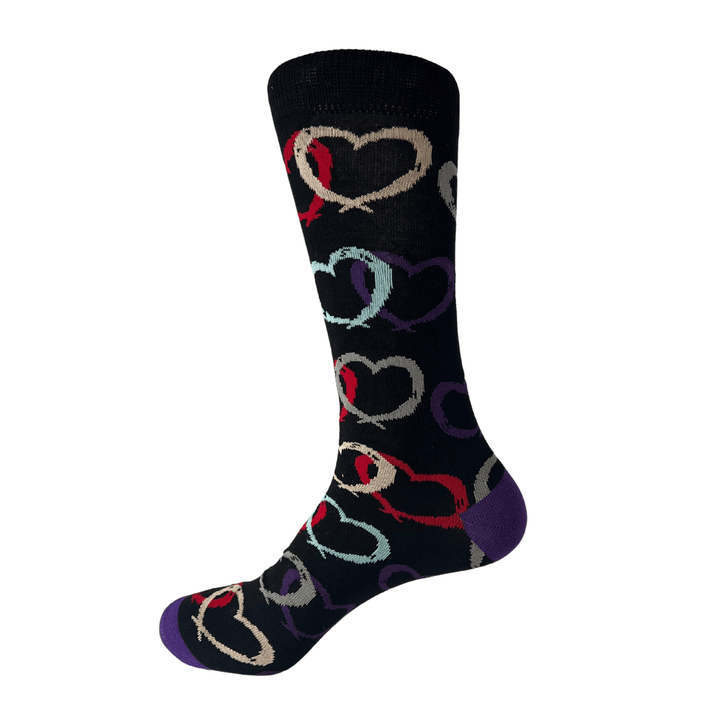 Black socks | Multicolored hearts | Elegant design | Fun socks | Purple accents | Comfortable wear | Versatile style