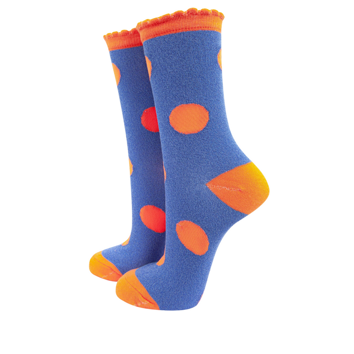 blue shimmering socks | orange polka dot socks | sock geeks